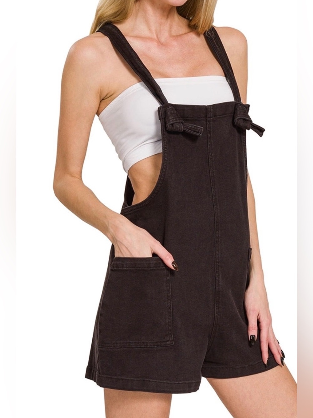 Zenana Black Denim Shortalls Tie Strap Overalls DMO-1869Y Womens Small NWT